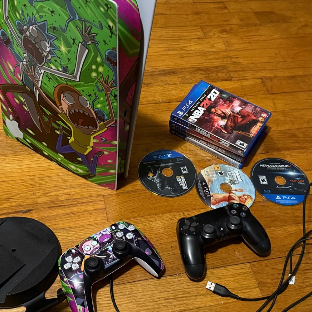 Custom Rick and Morty Sony PlayStation 5 console with compatible ps4 controller.